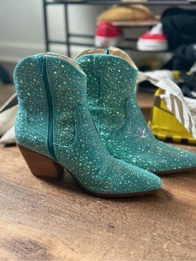 Betsey Johnson Diva Embellished Western Booties in Light Turquoise:
